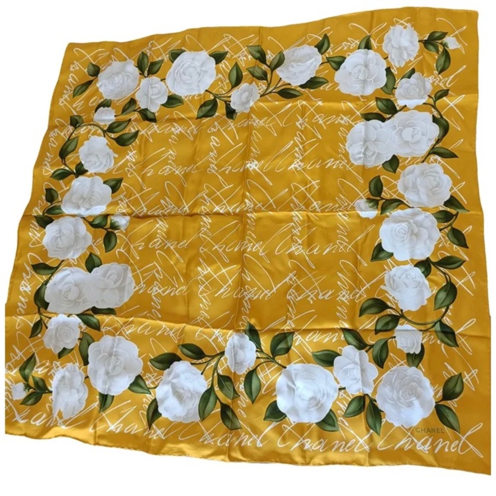 CHANEL Yellow Floral Silk Scarf